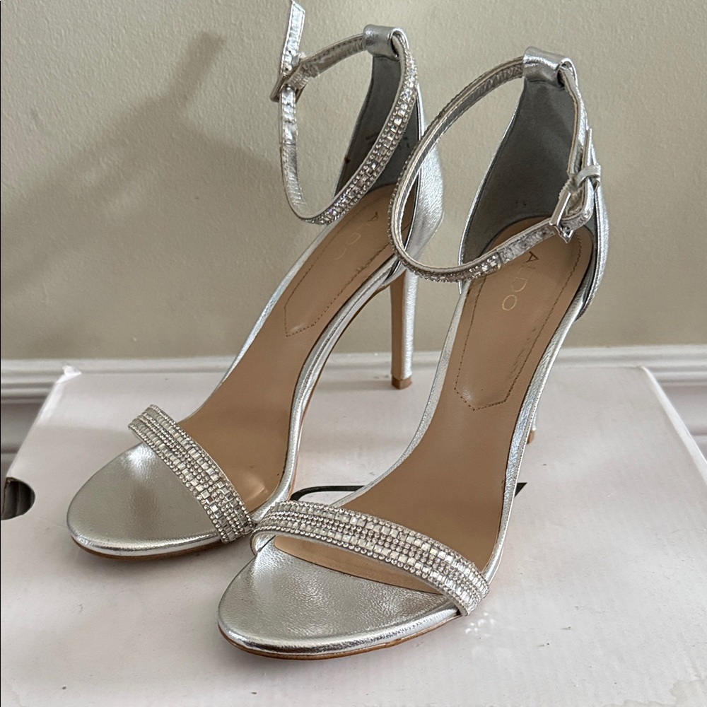 Aldo Ciasa Silver Heels with Rhinestone Straps